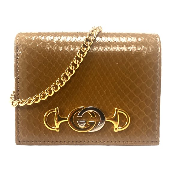 Gucci Zumi Horse-bit Snakeskin Card Case on Chain - Picture 1 of 8